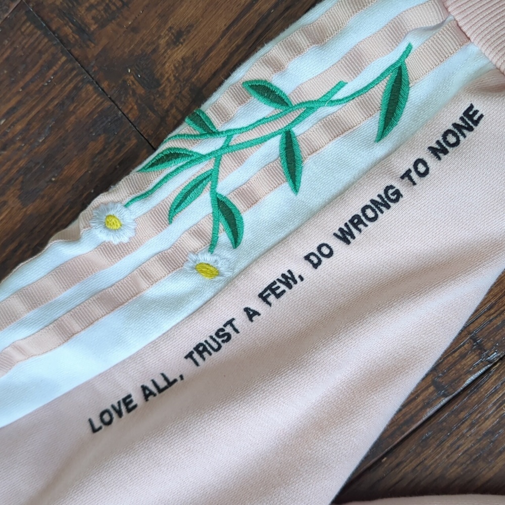 ADIDAS I Pink Turtle Neck LOVE-SET Sweatshirt w/ Embroidered Flowers & Quote, XS - Picture 7 of 15